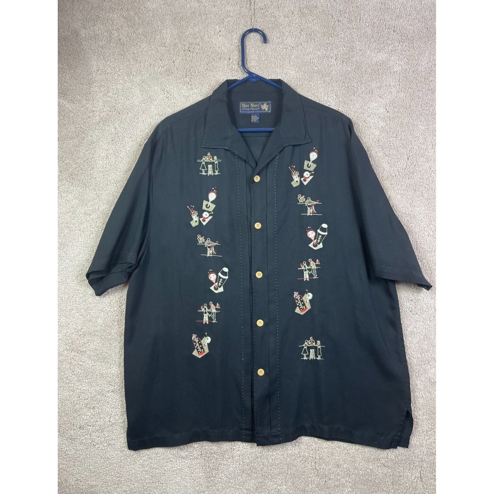 Nat Nast Silk Button Front Shirt Mens Large Short Sleeve Black Embroidered Camp